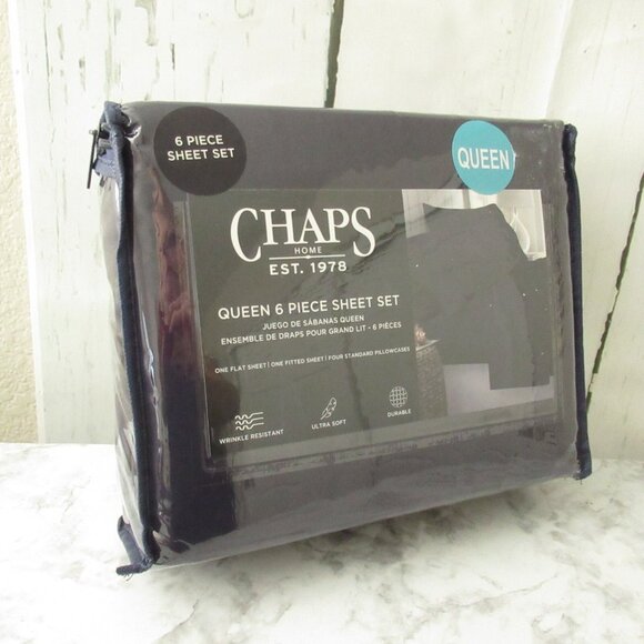 Chaps Sheets Queen Size Navy Blue Wrinkle Resistant Ultra Soft 6 Piece Set - Picture 1 of 6